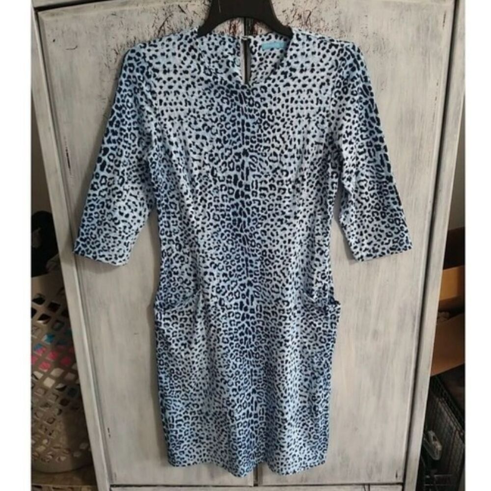J. McLaughlin Blue Leopard Print 3/4 Sleeve Pocketed Dress Small Cozy Beachy